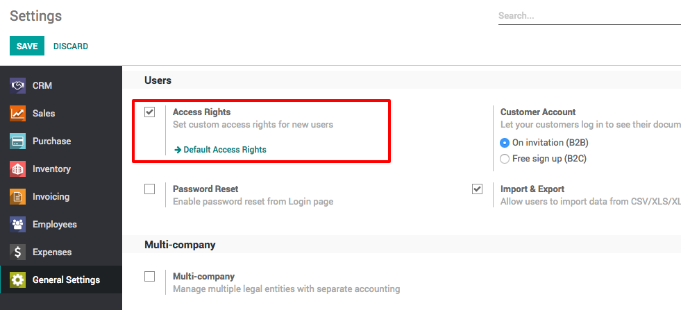 Set custom access rights for new users